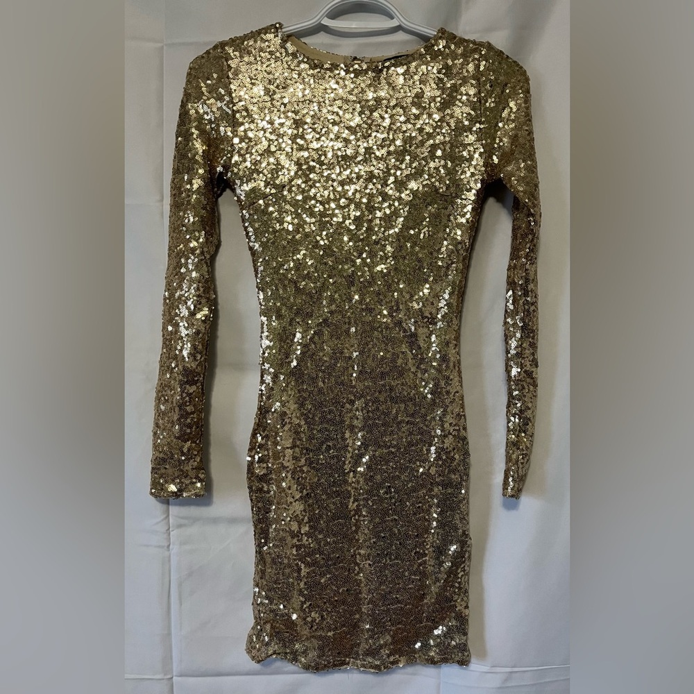 Gold Sequin Long Sleeve Mini Dress Party Glam